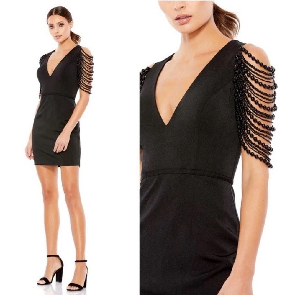 Mac Duggal IEENA 10 V-neck Beaded Sleeve Mini Evening Dress Black 26526 NWT RARE
